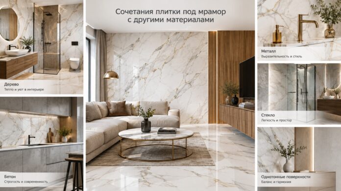 Сочетания плитки под мрамор с другими материалами: правила гармоничного интерьера